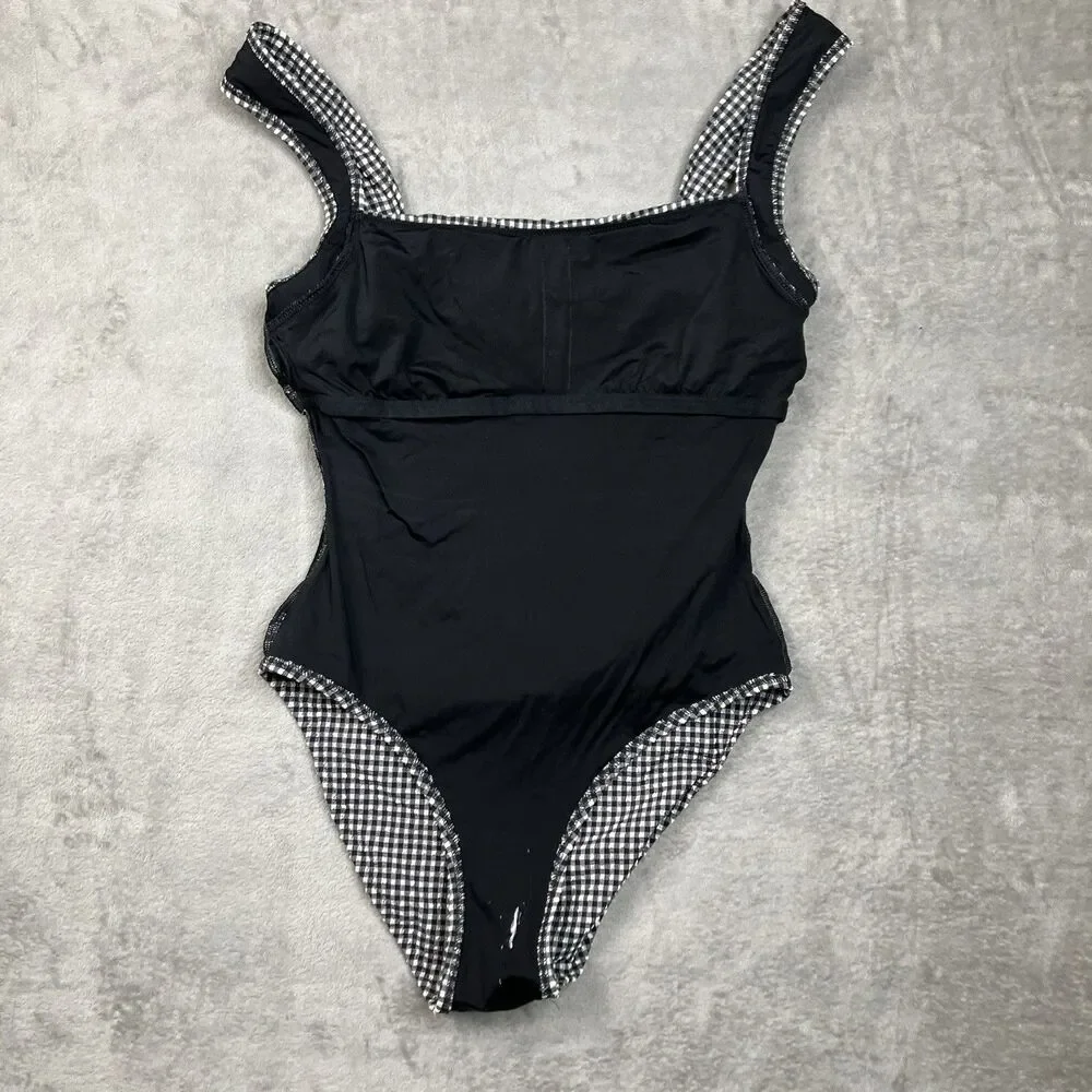 J Crew Nia Gingham Ruched Squareneck One-Piece Swimsuit Womens 8 Black & White